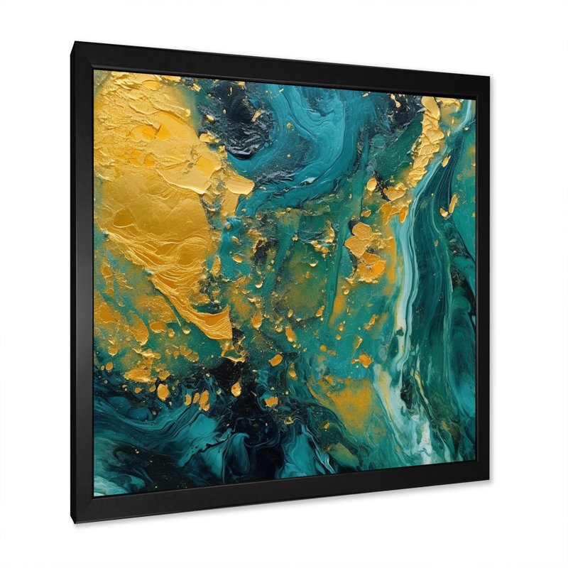«Golden Sunset over Teal Ocean», reproduction d'art sur toile, H 36 po x l 36 po x P 1,5 po, Cadre simple noir