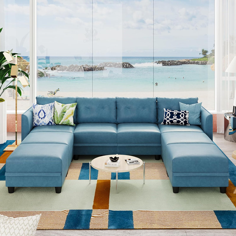 Canapé modulaire rembourré avec repose-pieds Zendajas, Mélange de polyester bleu ciel