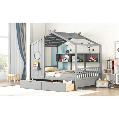 Lit double en bois avec 2 tiroirs, lit pour enfant avec tablette de rangement, gris (ancien SKU: HL000052AAE)