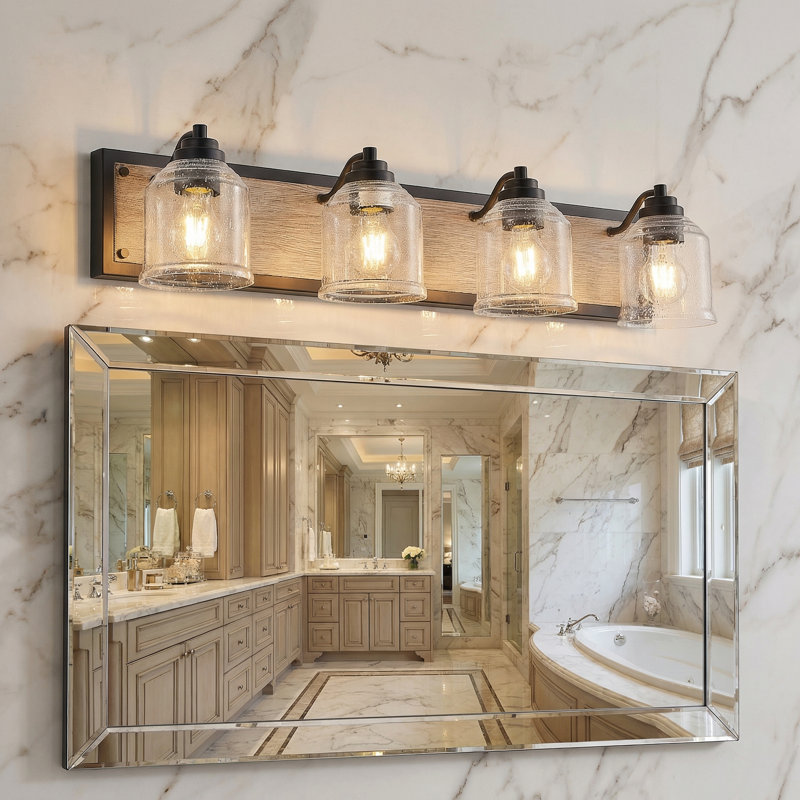 Farmhouse Bathroom Vanity Light,Rustic Wall Sconce With Wood Finish And Bubble Glass Shades, 4 Lights