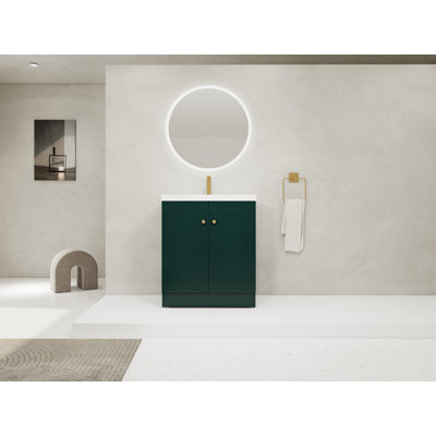 Meuble-lavabo autoportant de 30 pouces avec lavabo en résine blanche et deux portes d'armoire à fermeture en douceur, parfait pour les salles de bain modernes et un rangement efficace.