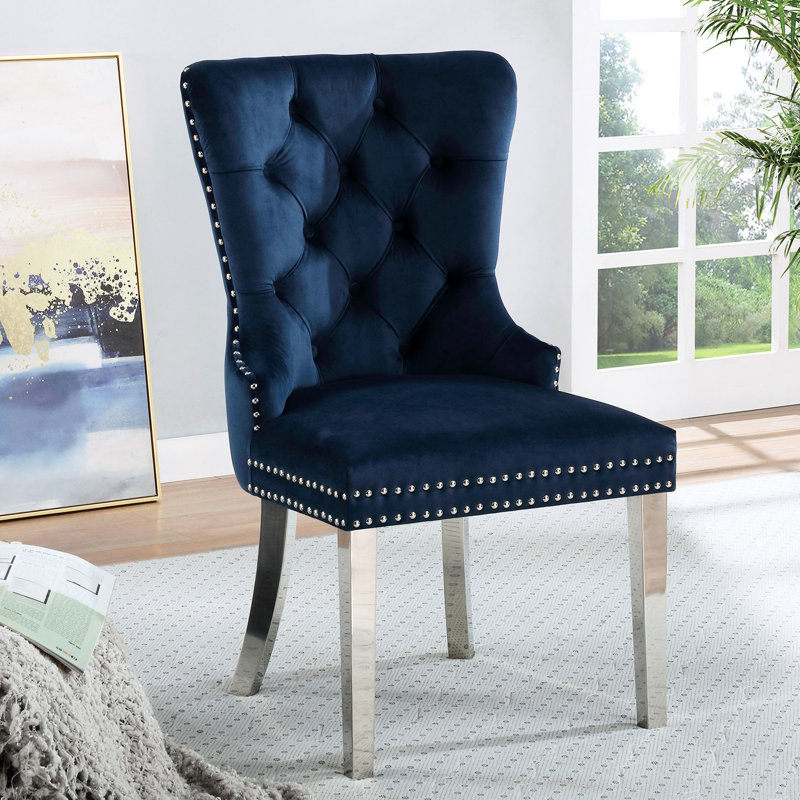 2 Blue Wingback Dining Chairs, Button Back With Legs And Trim Chairs 2, Fabric, Back, & Gorgeous