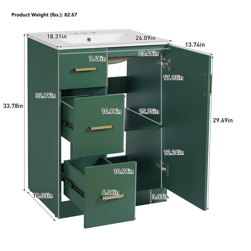 24" Modern Bathroom Vanity with Ceramic Sink – Space-Saving Storage Solution, Green