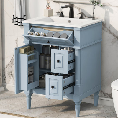 Meuble-lavabo de 24 po avec lavabo - autoportant, tiroir rabattable, tablette réglable, structure en bois d'hévéa massif, panneaux en MDF et poignées en métal, bleu gris - Mobilier de salle de bain