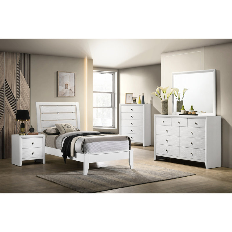 Structure de lit simple en blanc, avec un design géométrique moderne et des meubles de chambre à coucher durables, pieds de tête de lit légèrement incurvés blancs
