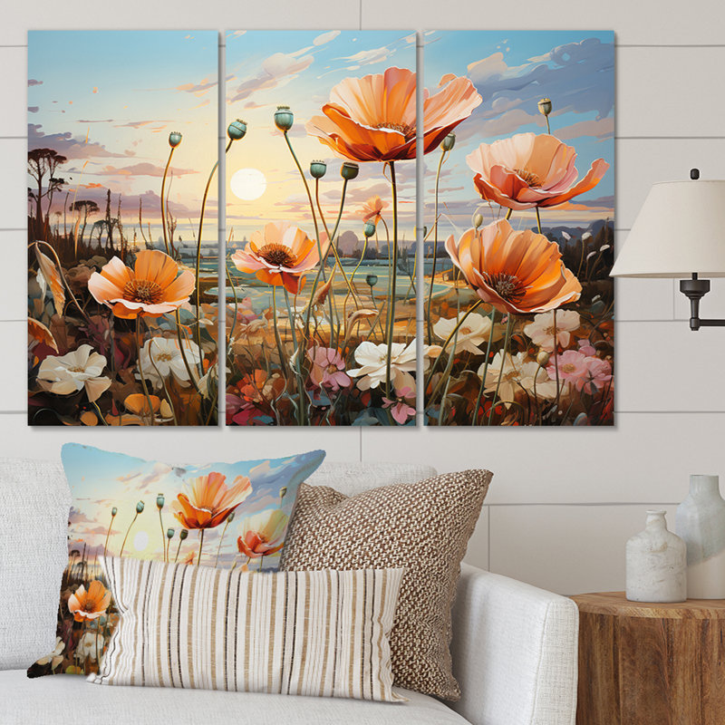 «Peach Sunkissed Petals Wildflowers III» sur toile, reproduction de 3 pièces, H 28 po x l 36 po x P 1 po