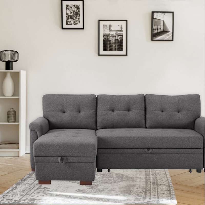 Linen Reversible Sleeper Sectional Sofa With Storage Chaise, Dark Grey Linen, Right Hand Facing, Brown