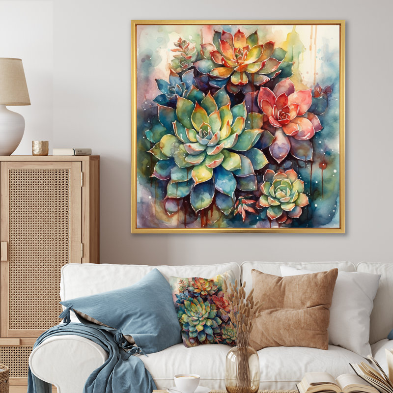 Rylinn Green Red Cactus Scenery IV - Print on Canvas, 16" H x 16" W, Gold Floater Framed