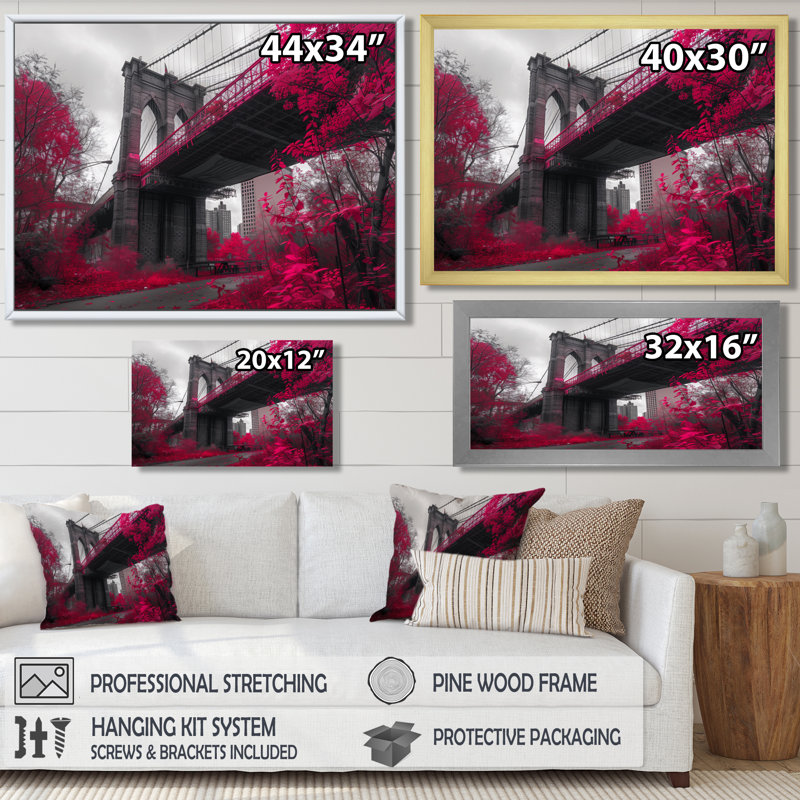 Rose, gris, pont de Brooklyn, New York, reproduction d'art murale - pont, Toile tendue, H 12 po x l 20 po x P 1 po