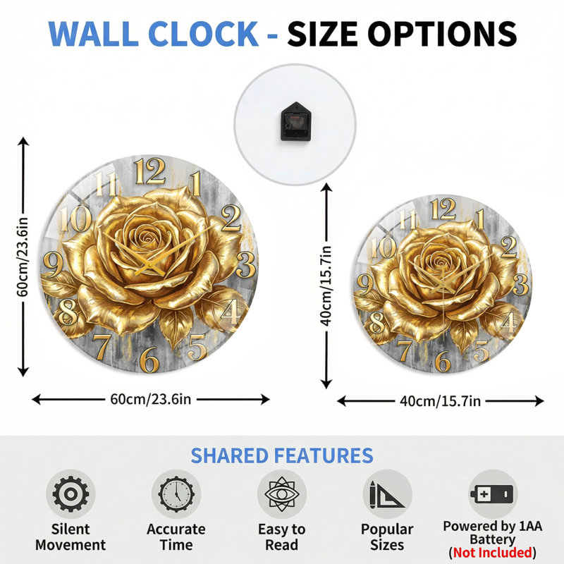Horloge murale décorative en verre Golden Rose, 60 x 60 cm (23,6 x 23,6 pouces)