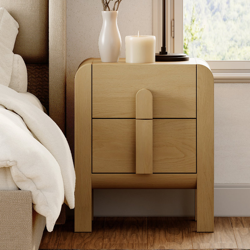 Table de chevet moderne 23,7 po avec station de charge - Table de chevet en bois avec 2 tiroirs, conception courbée, pour la chambre à coucher ou le salon