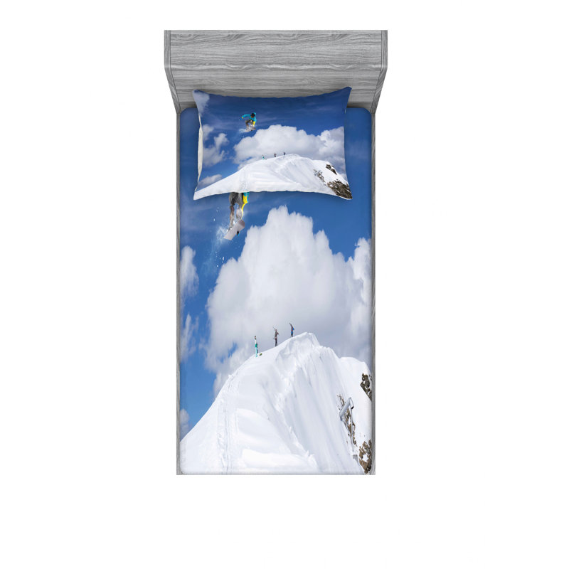 Microfiber Sheet Set, Twin Sheet Set with Fitted Sheet, Flying Snowboarder on the Cloudy Sky