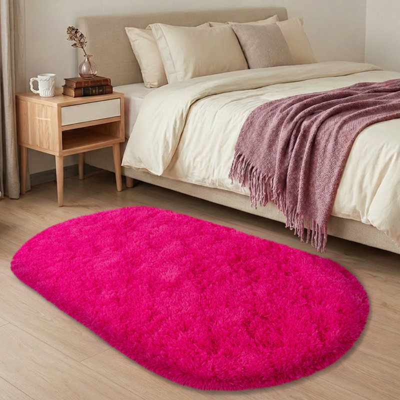 Solid Rug Soft Fluffy Rose Red Indoor Area Rug for Living Room Bedroom Nursery Kids Room, Rose Red, Oval 2'7" x 5'4"