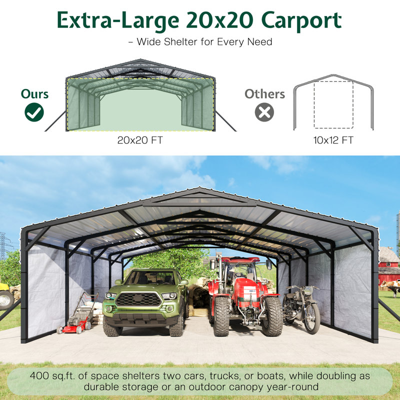 20' X 20' Heavy-Duty Metal Carport With Removable Sidewall, Galvanized Steel Roof & Reinforced Base