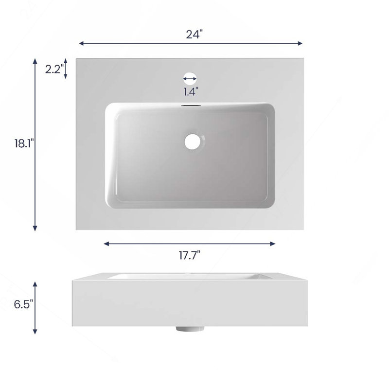 Bassin intégré à surface solide SANS drain et robinet, couleur blanc brillant