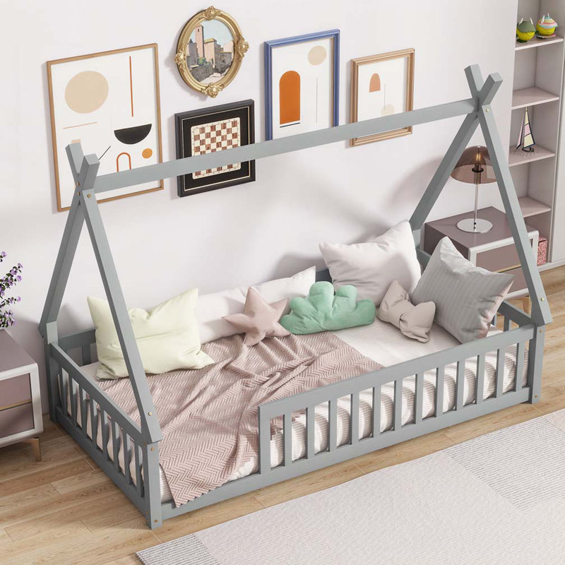 Lit en bois en forme de tente, lit tipi, Gris, Lit simple