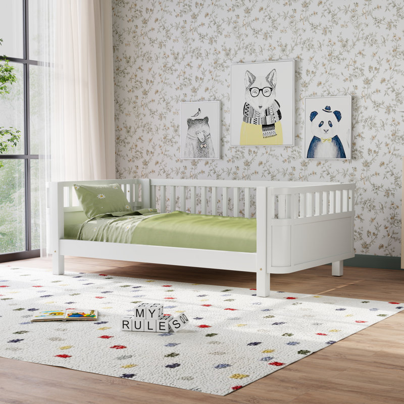 Lit plateforme double en bois pour enfants, lit simple en bois à profil bas avec garde-corps (matelas non inclus), Lit double