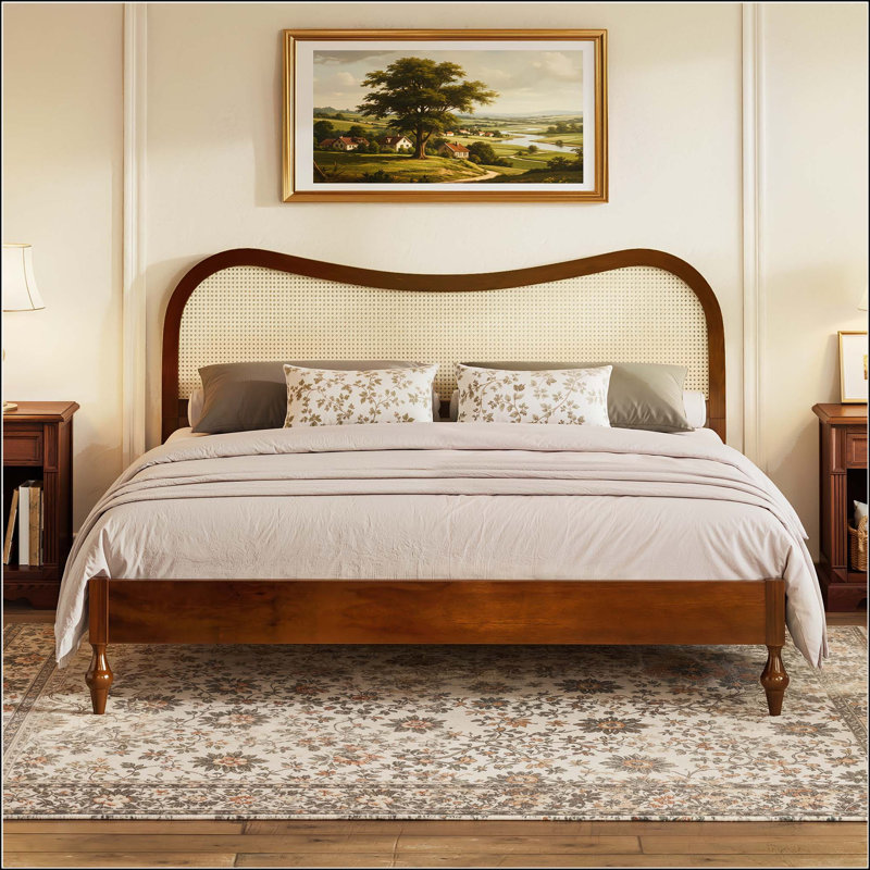 Très grand lit plateforme avec tête de lit en rotin, Très grand lit, Walnut