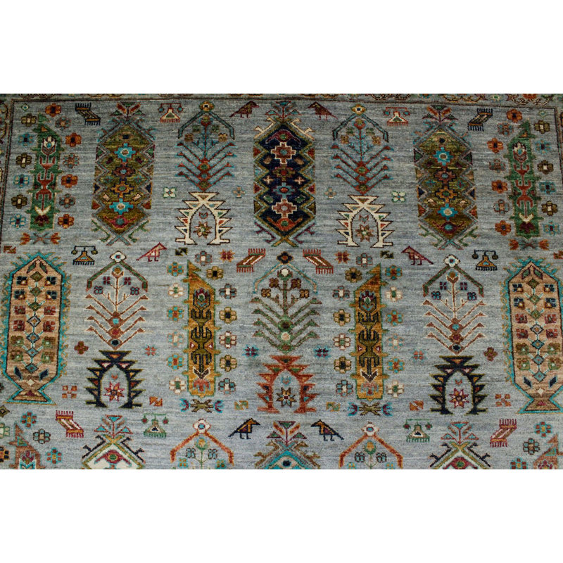 Tapis tribal turc vert et multicolore 7 x 7