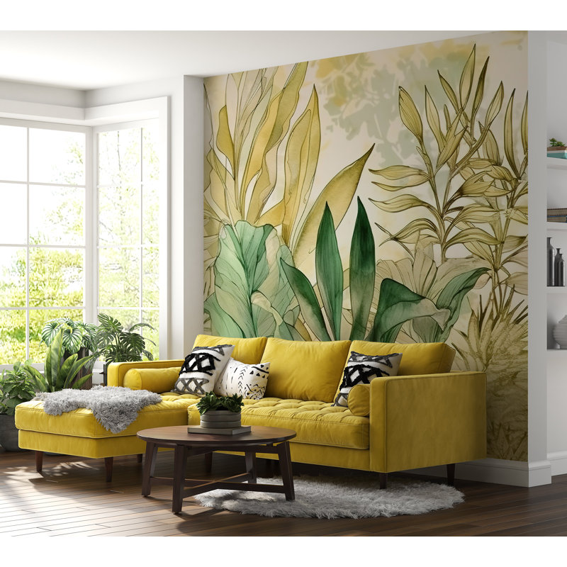 Murale botanique pelez et collez Odion - Aquarelle feuillage d'été, L 120 po x l 210 po