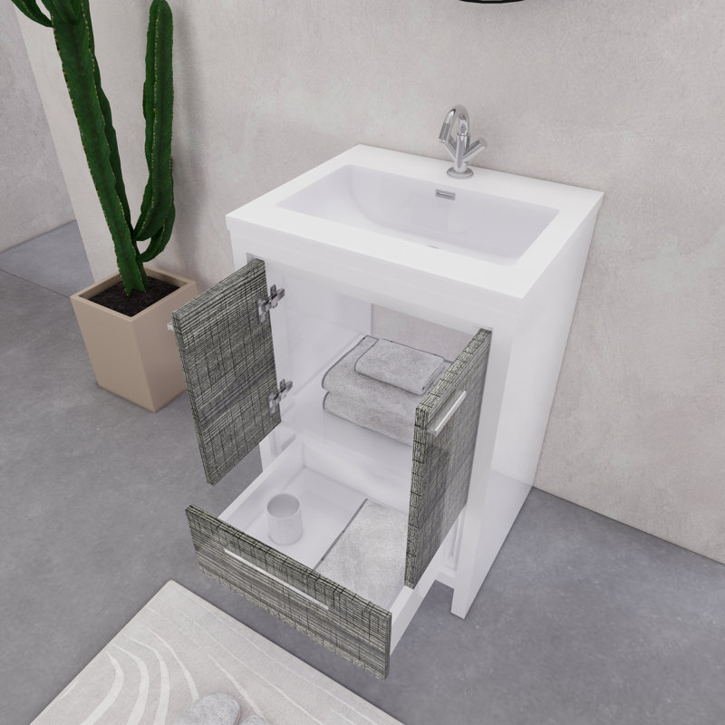 Ensemble de meuble-lavabo simple 23,6 po Eden, Blanc lustré/ bois de frêne gris