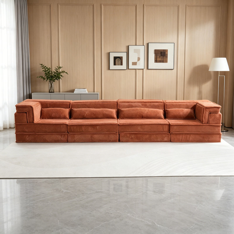 Compression Mahjong Sofa,Convertible Floor Sofa Bed,DIY Boneless Modular Sectional Sofa,No Assembly Required,Circle Fleece Fabric,Oversized 4 Seater With 4 Pillows,Orange