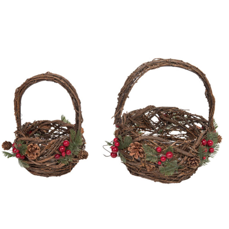  Natural Fibre 11 in. Multicolor Christmas Twig Basket with Berries Set of 2