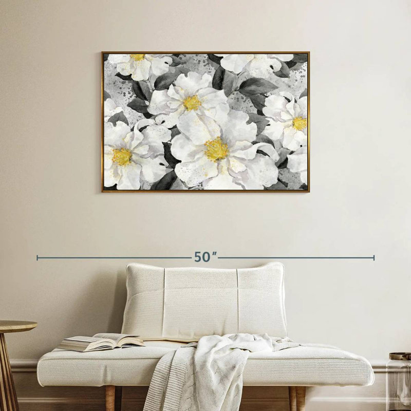 Fleurs blanches gonflées, Cadre flottant doré, 37 po x 25 po