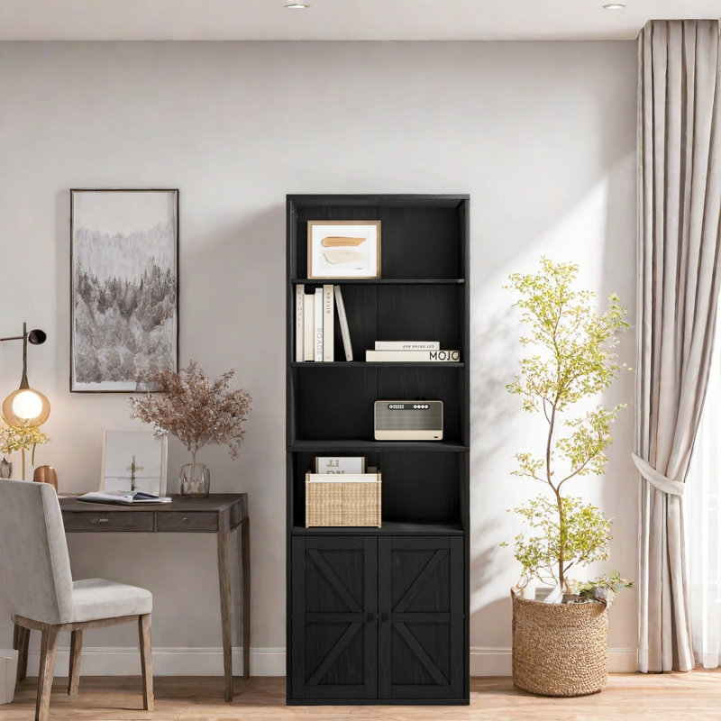 Bibliothèque haute, 6 tablettes en bois, Noir