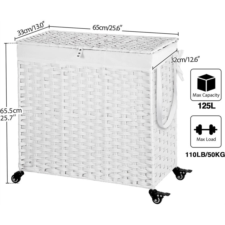 125 L Plastic Rattan Laundry Basket Hamper with Lid White