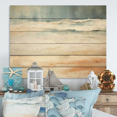 Beige et bleu plage Tranquillity I - art mural en bois de plage côtière sur bois de pin naturel