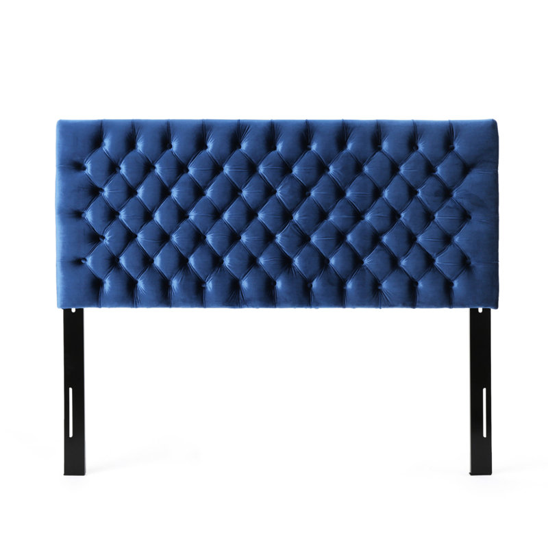 Button Diamond Stitched Headboard In Navy Blue Velvet, Queen Size Bed, Adjustable, Modern Bedroom Decoration With Velvet Upholstery, Stitch, Adjustable For Home