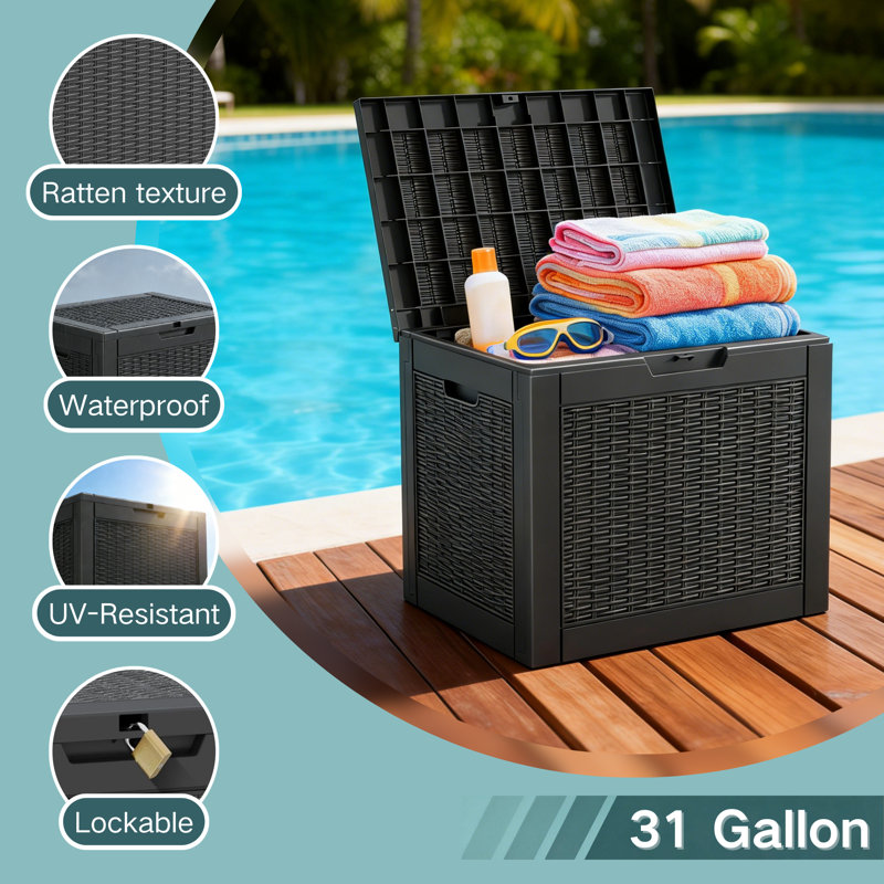 31 Gallon Rattan-Look Deck Box - Waterproof, UV-Resistant & Lockable Outdoor Storage Box for Patio Cushions, Garden Tools & Pool Supplies