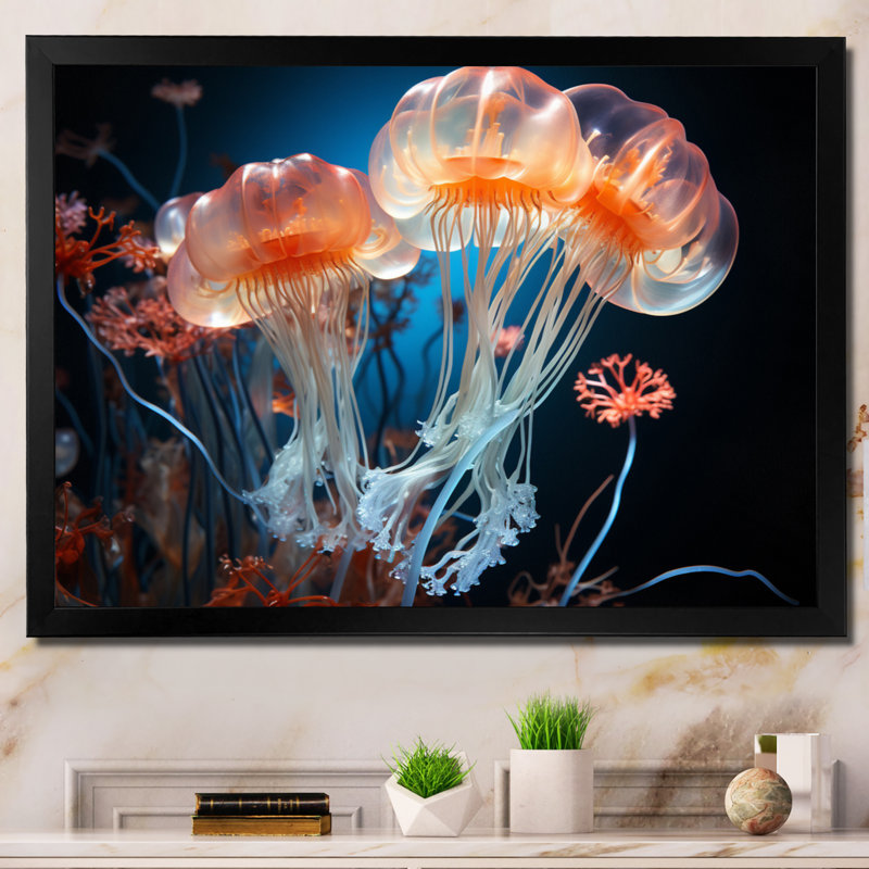 Jellyfish Oceans Glow III - animaux, impressions sur toile, Cadre photo noir, H 34 po x l 44 po x P 1,5 po