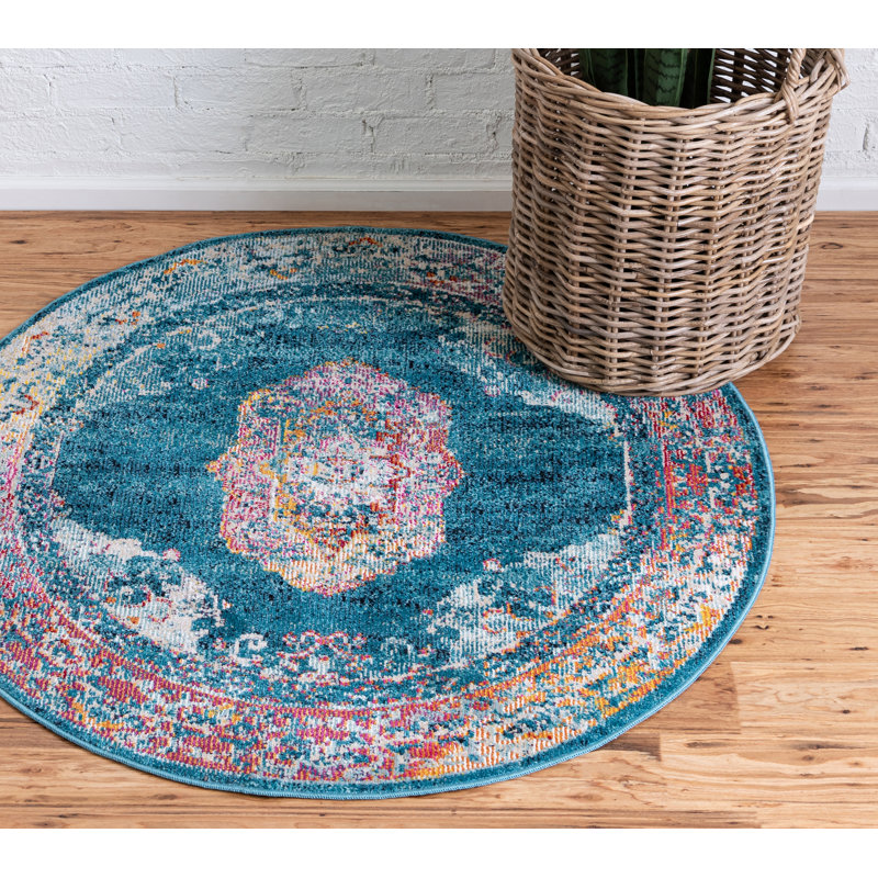 Teal & Ivory Bohemian Medallion 49" Round Synthetic Area Rug