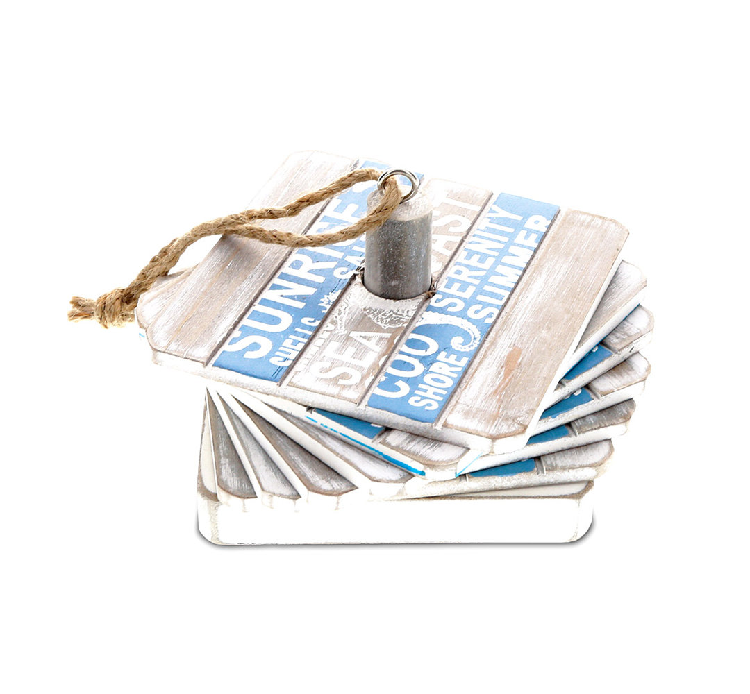 Wood Square 7 Piece Coaster Set With Holder Breakwater Bay
