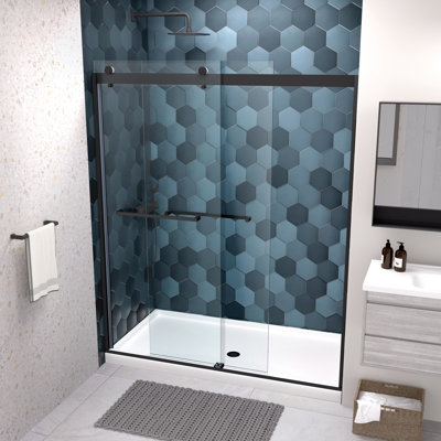 5/16" Tempered Glass Bypass Shower Door, Sliding, Matted Black Finish, Collision, Stainless Steel Handle, Easy Install Sliding Glass, Black, Explode, Leakage,