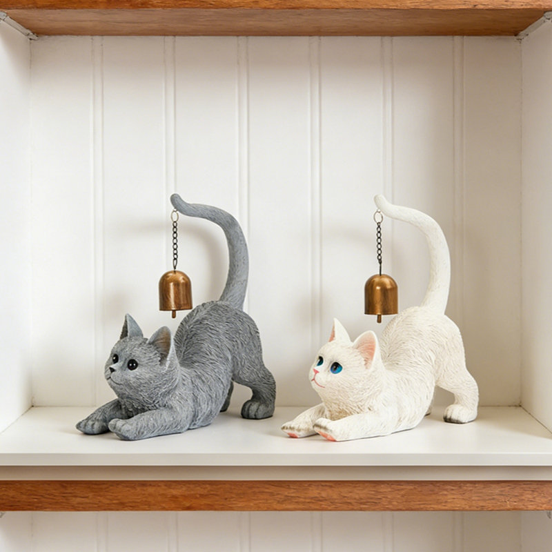 Playful Cat With Bell Ring Resin Figurines & Sculptures, Gray