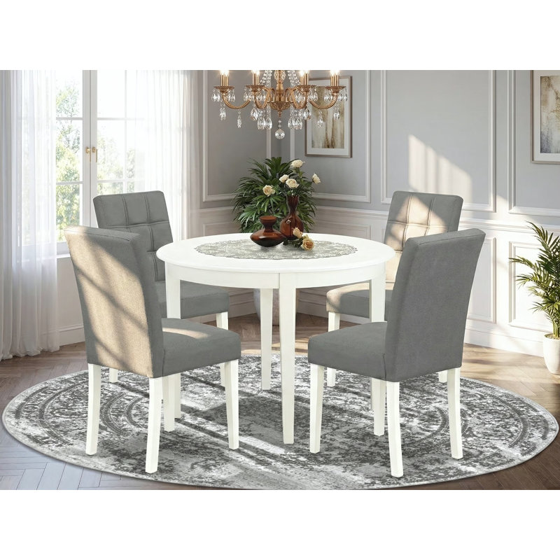 5 Piece Kitchen Table Set Includes A Dinner Table and 4 Platinum Gray Polyester Fabric Dining Chairs with Stylish Back- Linen White Finish