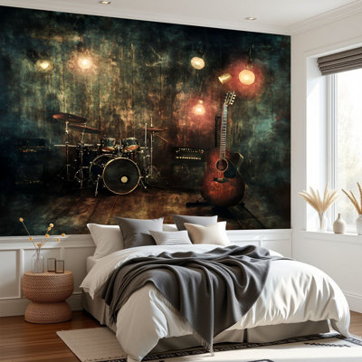 Wall Mural Peel and Stick Wallpaper Guitar Vintage Music Man Cave Acoustic Drum Set Electric Amplifiers Self-Adhesive Removable Contact Paper Wall Decor for Living Room Bedroom 69"H x 96"W