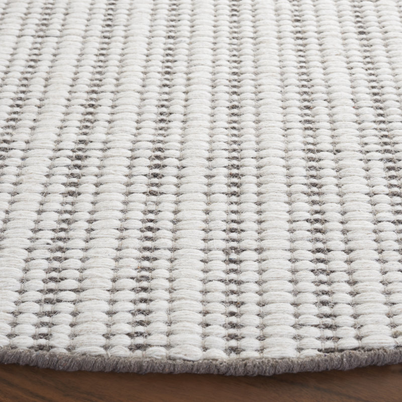 909 Hand Woven Cotton/Wool Striped Rug in Beige/Ivory, Round 6'