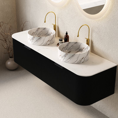 Meuble-lavabo noir 60 po avec 2 lavabos en céramique blancs, motif de pierre, tiroirs, pré-assemblé, comptoir, lavabos à système de fermeture en douceur et rangement, contreplaqué à rayures 3D