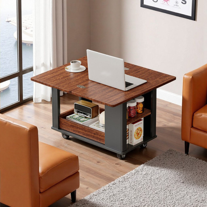Table basse / table d'appoint moderne 27,6 po avec plateau pliable et roulettes (table incluse seulement), Noir