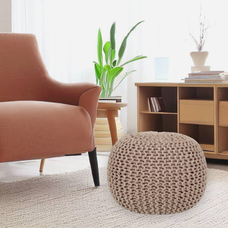 Ls Lychee Cotton Knit Pouf Ottoman , Beige