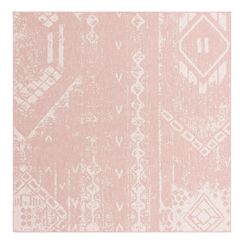 Tapis intérieur / extérieur rose en polypropylène tissé à la machine 9 pi 10 po x 13 pi Bomer, Carré 7 pi