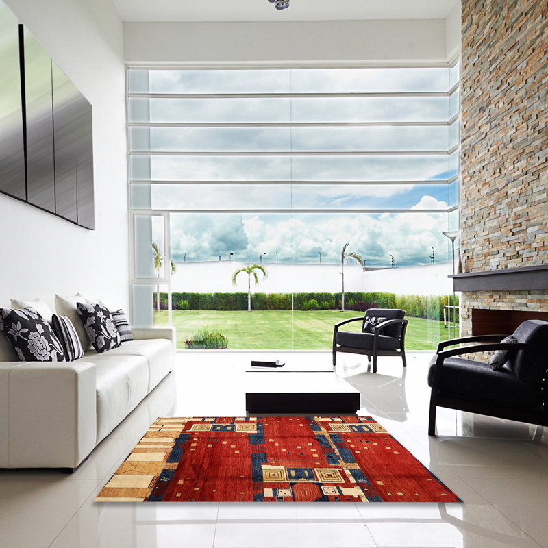 Tapis de zone rouge/bleu contemporaine, Carré 5 pi
