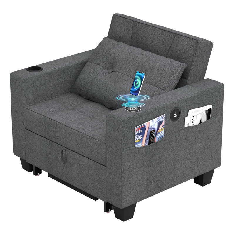 38" Wide Convertible Chair 3-In-1 Pull Out Sleeper Futon Chair Beds with Wireless Charging