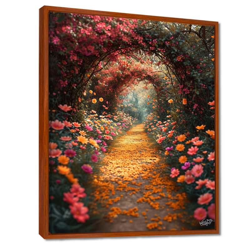 «Blossoming Pink Flowers», art mural, Toile avec cadre flottant brun, H 32 po x l 24 po x P 1 po