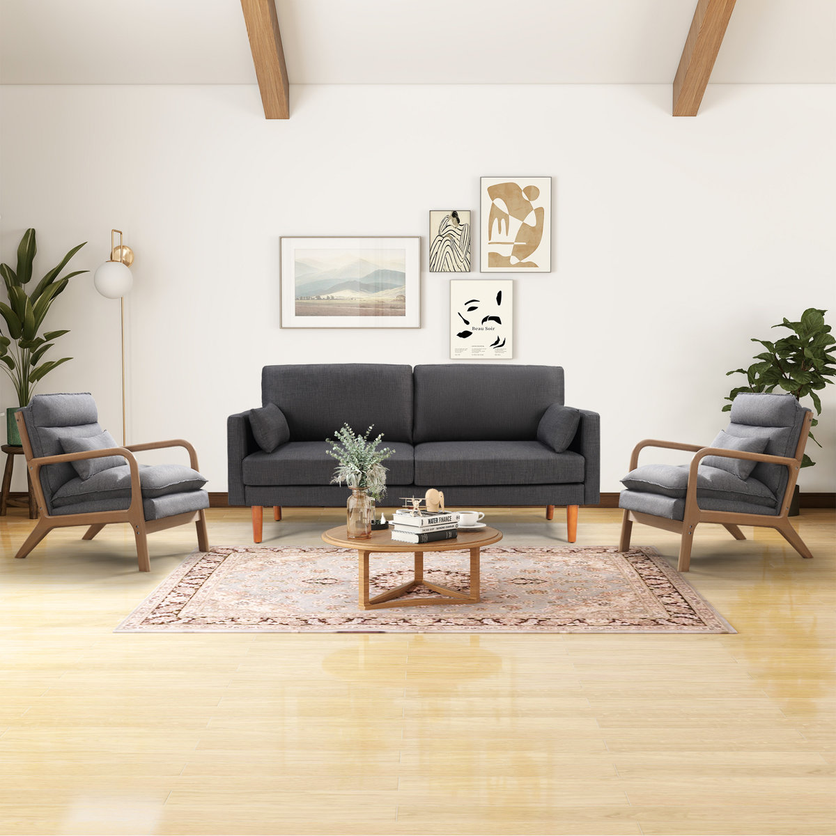 3-Piece Modern Fabric Upholstered Square Arm Sofa Set