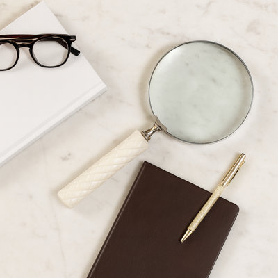 Magnifying Glass Sculpture For Home Decor -  Decorative Object For Office Desk, Shelf Accent, Or Living Room Decoration - 9", Ivory & White
